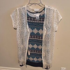 Bonnie Jean White Lace Fringe Cardigan over Teal Patterned Dress